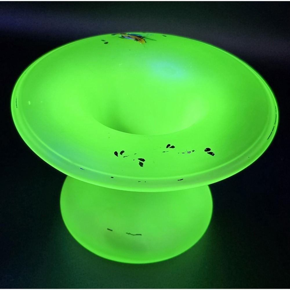 Rare HTF Vintage Tiffin Satin Green Uranium Glass Spitoon Frosted Glowing Parrot